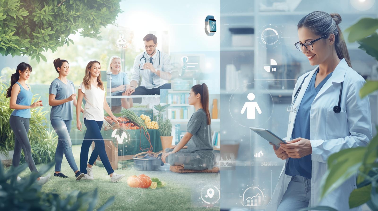 Diverse people engaged in healthy activities, with a doctor using technology.